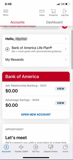 A screenshot of a Bank of America mobile banking app.