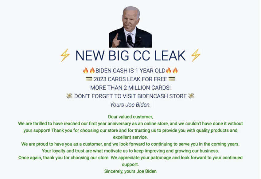 An ad with Joe Biden that says New Big CC Leak.