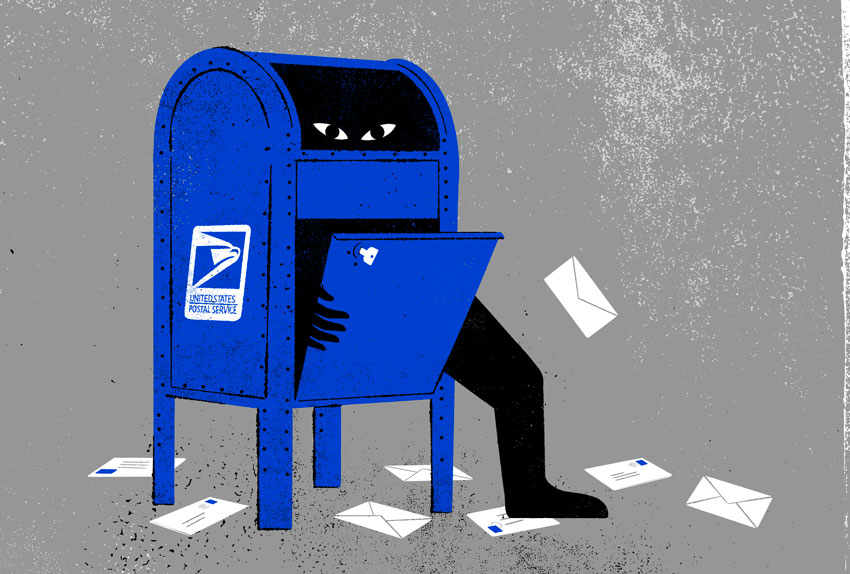 An illustration of a USPS mailbox with eyes and hands.
