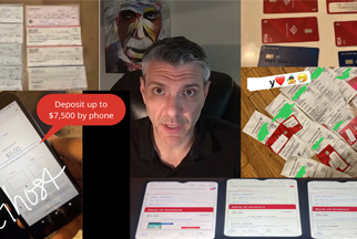 A collage with a main in the middle sitting in a chair, screenshots of bank of america accounts, credit cards, and checks.